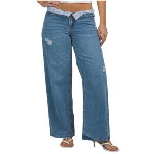REWASH Foldover Contrast Baggy Denim Pants
